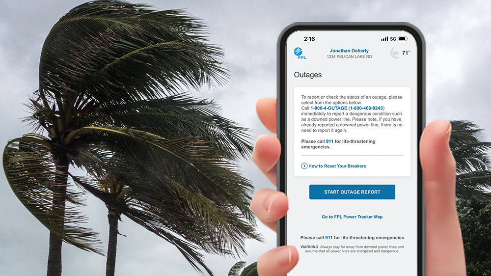 a hand holding a smartphone displaying the fpl mobile app outage reporting screen