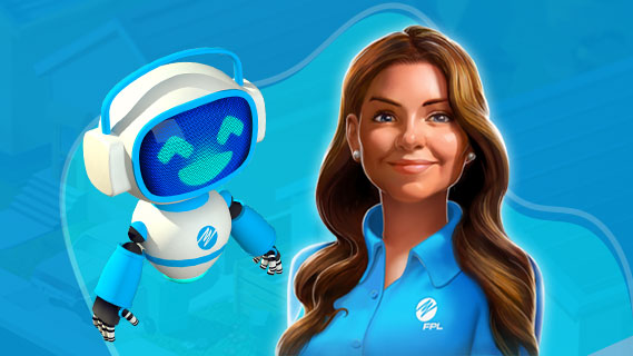 maria and saver robot in front of blue background