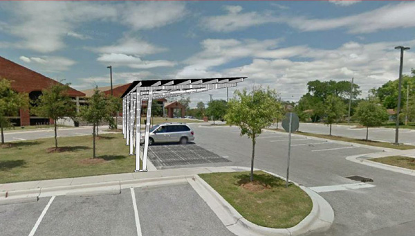 rendering of solar canopy over parking spaces in downtown Pensacola parking lot